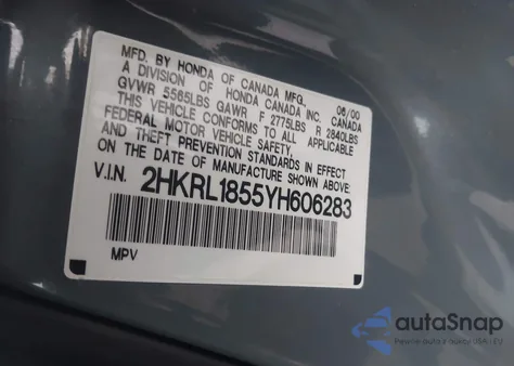 2000 Honda Odyssey Lx from USA, damaged, VIN 2HKRL1855YH606283